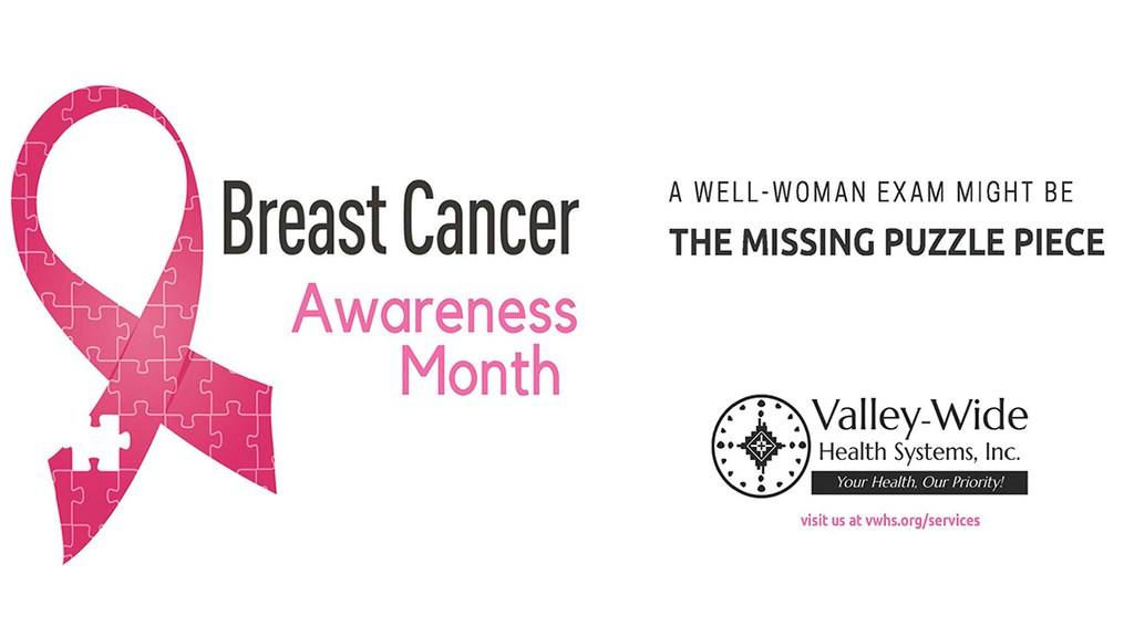 A breast cancer awareness graphic that says "A well-woman exam might be the missing puzzle piece."